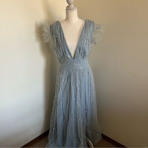 Baltic Born Soieblu Dusty Blue Tulle Maxi Dress XXL NWT Deep V Flutter Sleeve